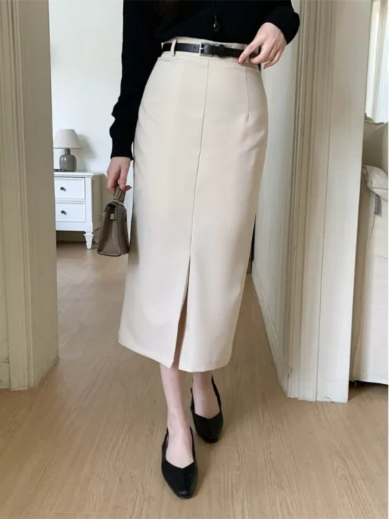 Elegant High Waist Midi Skirt with Front Slit for Commuting Show Body Shape Dongda Gate Advanced Quality Women's Skirt