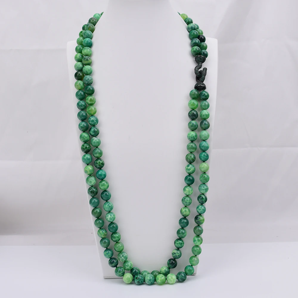 G-G 2 Rows 12mm Natural Green Chalcedony Agate Round Stone Long Necklace Cz Connector Hook