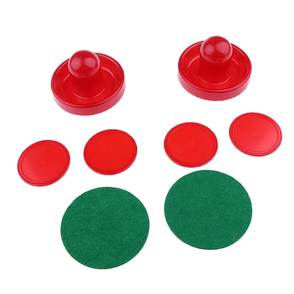 

Sets of Two Air Hockey Pushers Strikers Goalies Plus Four Pucks L Red
