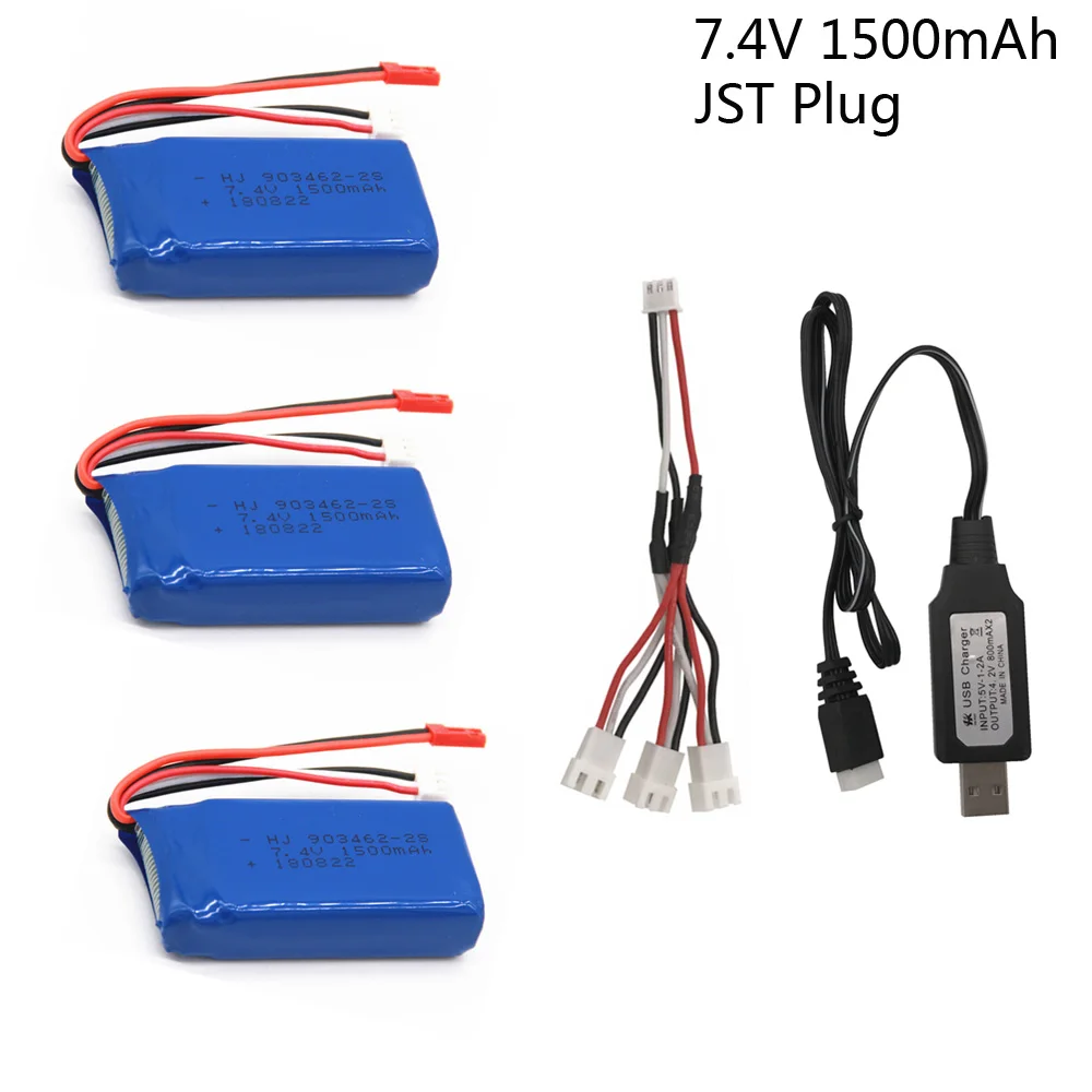 1/3PCS 7.4V 1500mAh battery 903462 With USB Charger For FT009 RC Boat 12428 Lipo battery 2S 7.4 V 1500 mah  JST SM T  EL-2P PLUG