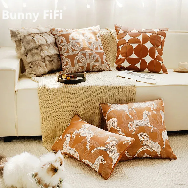 Orange Horse Pattern Series Cushion Covers Chenille Jacquard Embroidery Luxury Modern Decorative Throw Pillow Cases For Sofa Bed