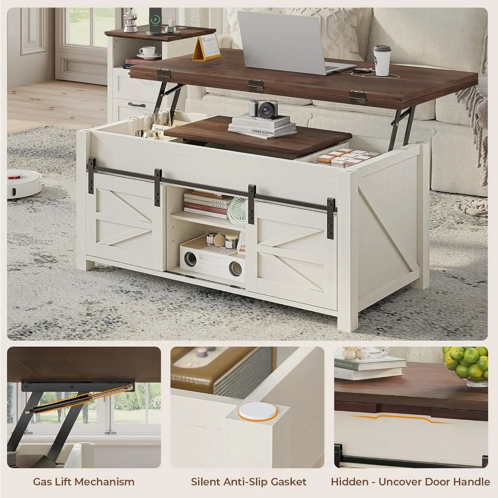 Lift Top Coffee Table for Living Room with 4 Sliding Barn Doors, 4 in 1 Farmhouse Coffee Table with Adjustable Shelves and Hidde
