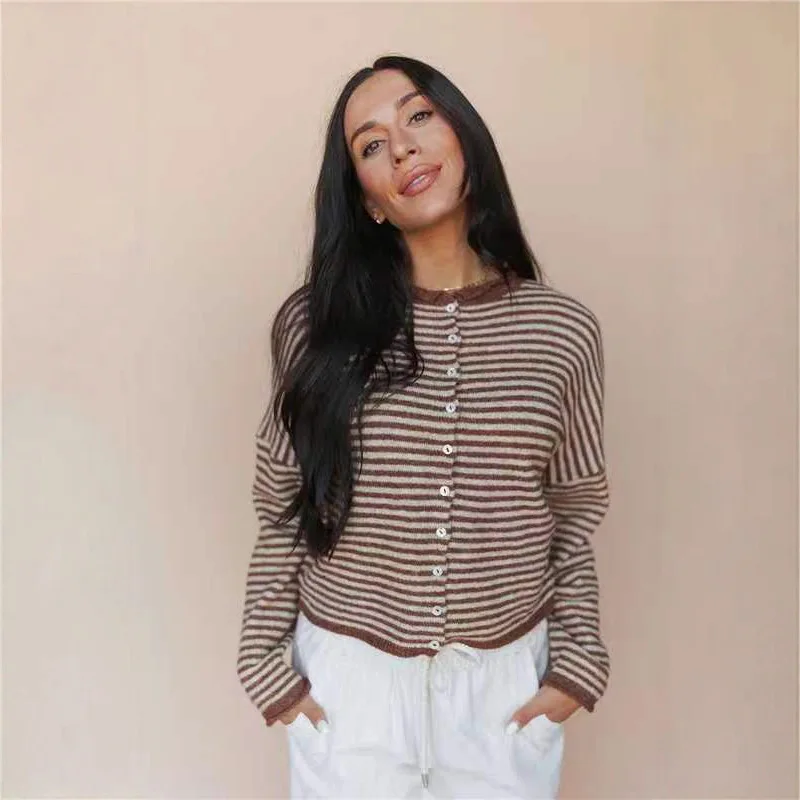 

New Color-Block Striped Casual Cardigan Slim Fit Slimming Knitted Long Sleeve Top for Women Single Breasted Button