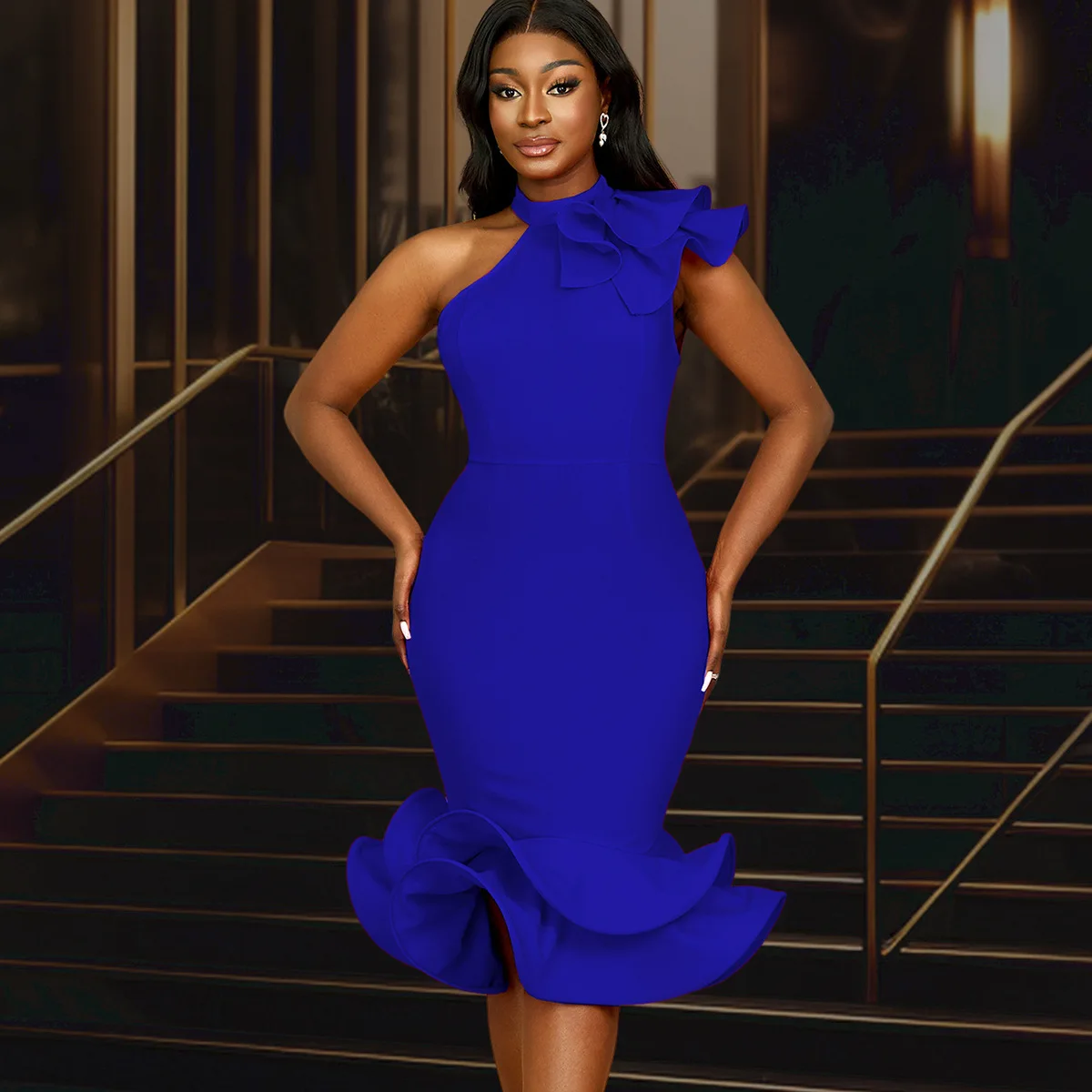 Ele f Kleid mit hohem Kragen und Spitzenbesatz, Oulder-Saum mit entblößtem Saum für Bankett-Abendkleider in Übergröße