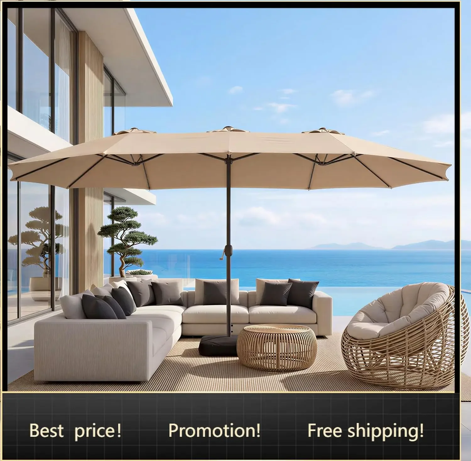 Brand new fast shippingBestseller15ft Patio Umbrella with Base, 10-Year-No-Fade Large Outdoor Double-Sided Market Umbrella with