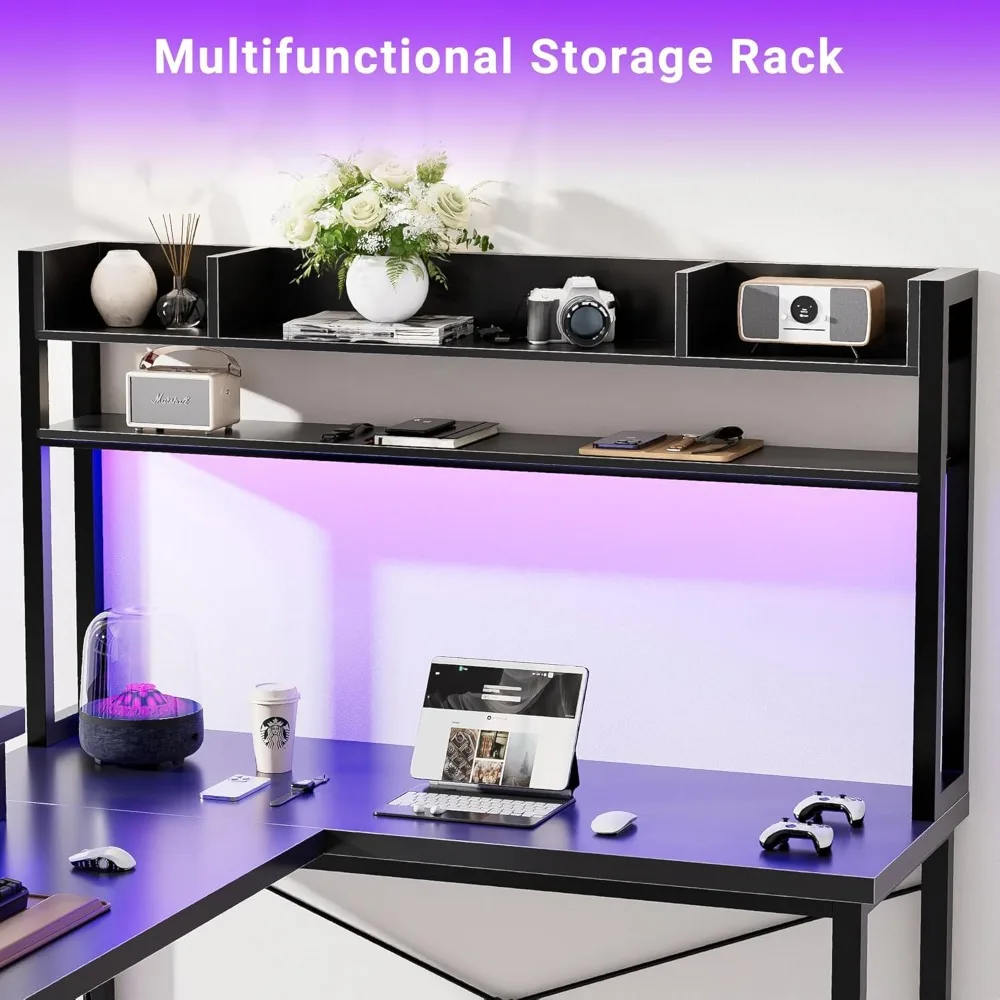 Large U Shaped Computer Desk with Hutch, Customizable Reversible L Shaped Office Desks with Power Outlets & LED Lights, Corner