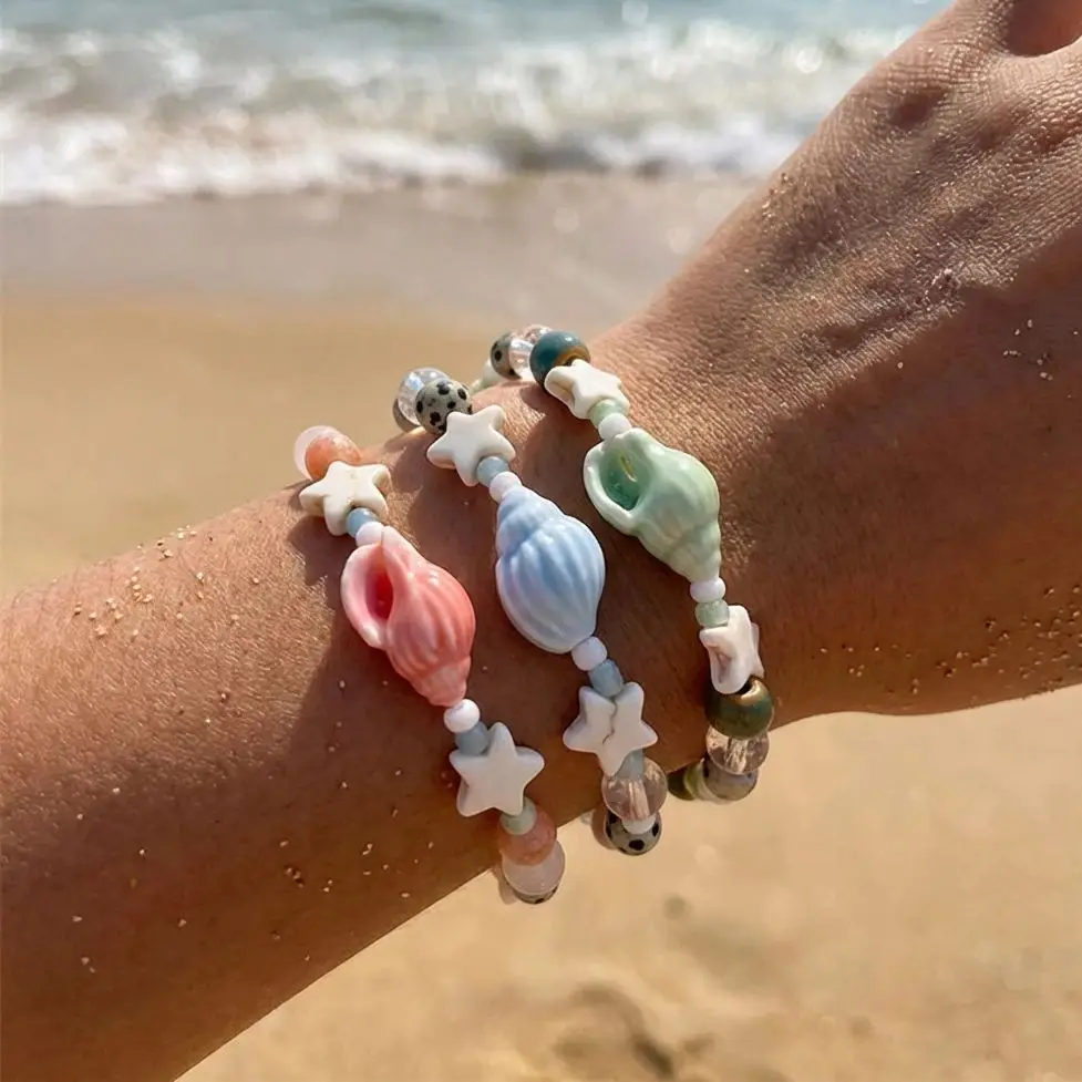 Handgefertigtes Keramik-Muschel-Seestern-Perlenarmband für Frauen, Cartoon-Ozean-Thema, Charm-Armbänder, Sommer-Strandparty-Schmuck