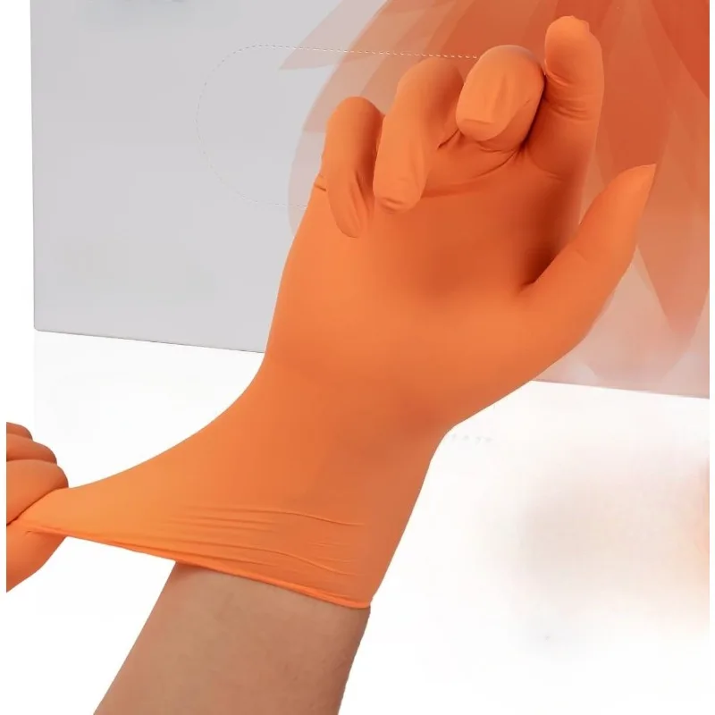 

100 шт., оранжевые нитриловые одноразовые перчатки, 5,5 мил, без латекса, без пудры, толщина, сверхпрочная, безопасная для пищевых продуктов, татуировка, работа в сфере общественного питания