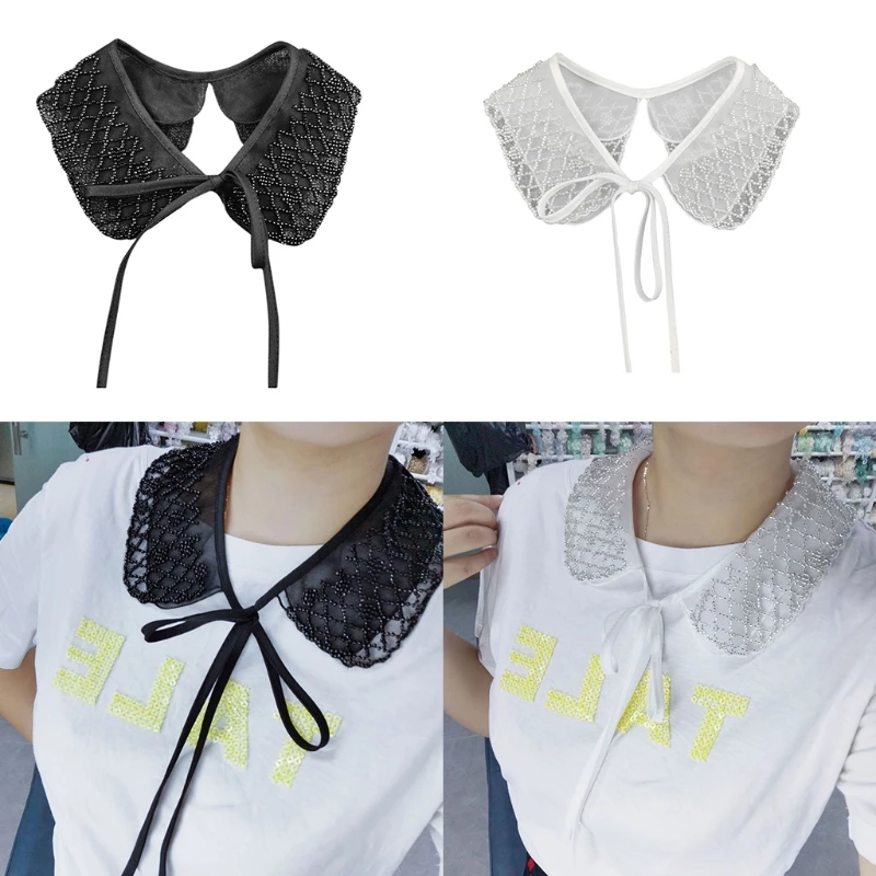 Women Embroidery Beading Plaid Fake Collar Double Layer Detachable Shawl Capelet Layered Dickey Bandage Mesh Drop Shipping