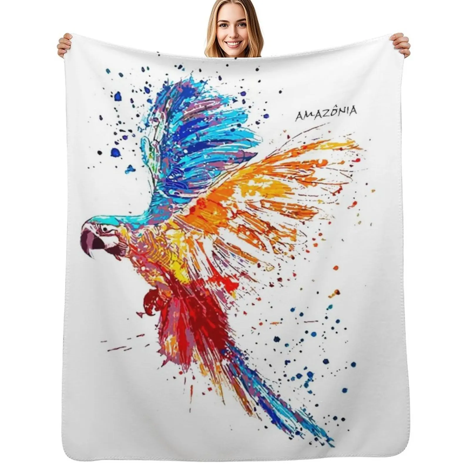 Manta de plumas de guacamaya - Manta de lujo suave y afelpada con diseño de aves brasileñas de la Amazonia para sofá o cama