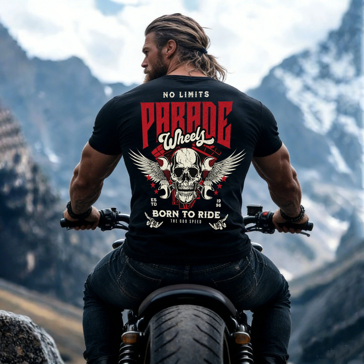 Rock Motorcycle Style Skull Print Short-sleeved T-shirt Male Black Loose Street Fashion Brand Blast Street Loose Personality