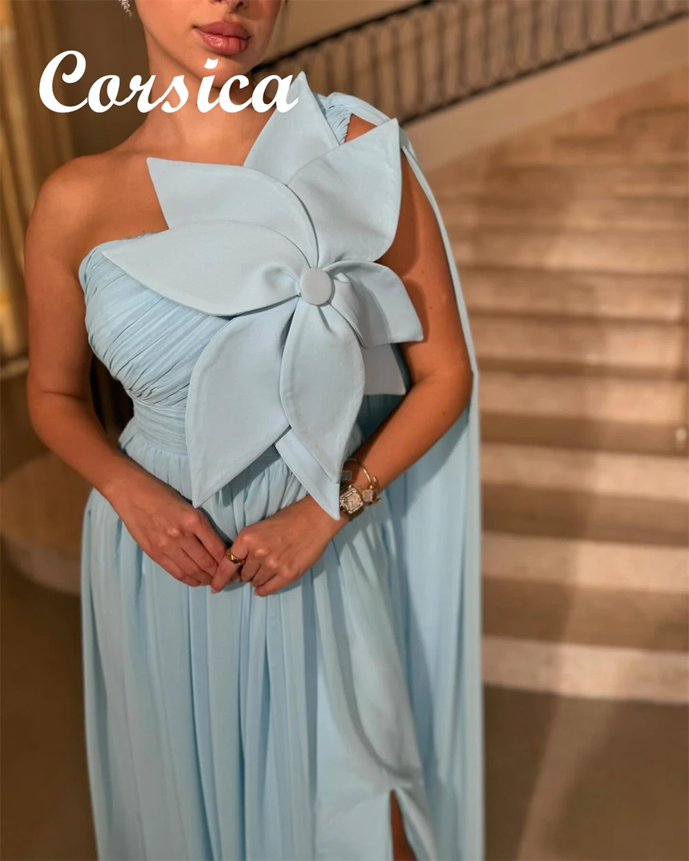 

Customized Fashion Blue Chiffon Evening Dresses Classic One Shoulder Homecoming Dresses Soft Flowers Special Occasion Gowns
