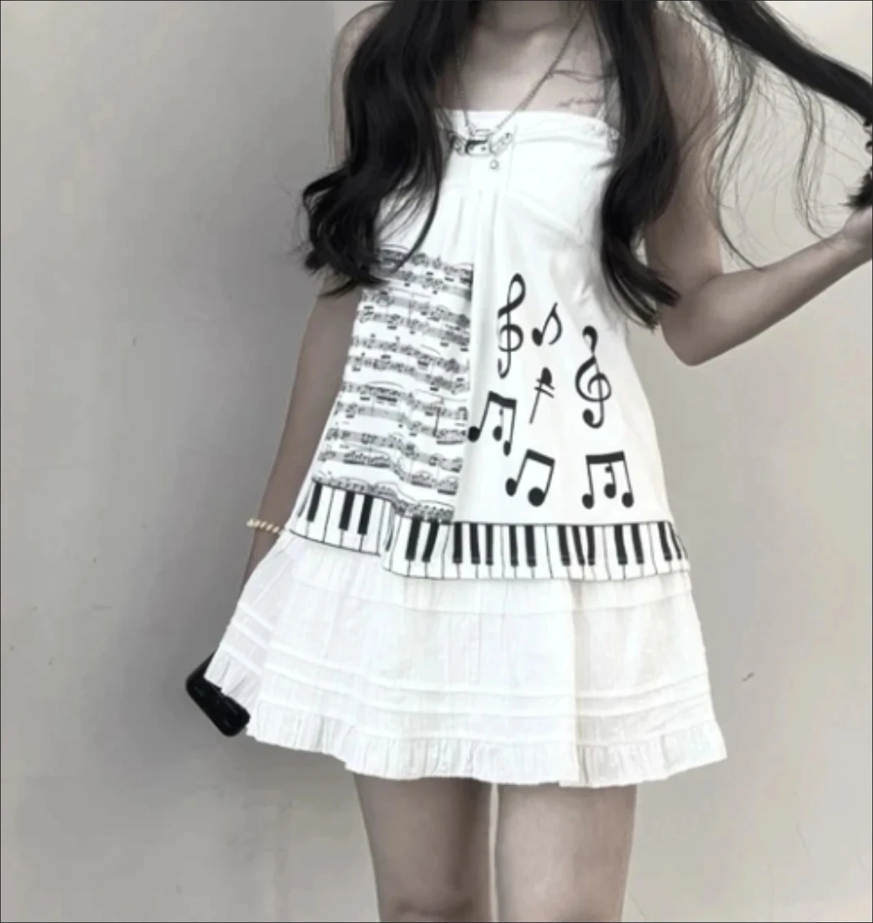 Black and White retro Women Top Piano Key Music score punk y2k Hot Girl Tube top Sweet Vest