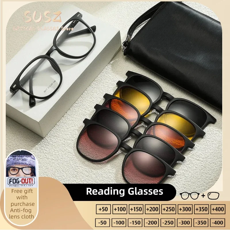 

SUSZ Fashion 5 In 1 Square Men Driving Safety Polarized Sunglasses Magnet Clip On Myopia Optical Prescription Reading Glasses