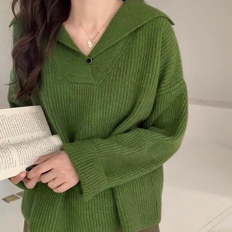 

2023 New Autumn Winter Women Warm Sweater V-Neck Stripe Simple Elegant Knit Sweater Preppy Style Loose Gentle Pullover Sweater