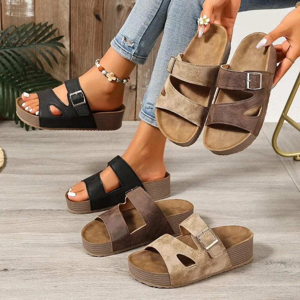 Women Vintage Distressed Platform Slide Sandals Double Adjustable Buckle Open Toe Cutout Slip on Slippers Ladies Summer Casual