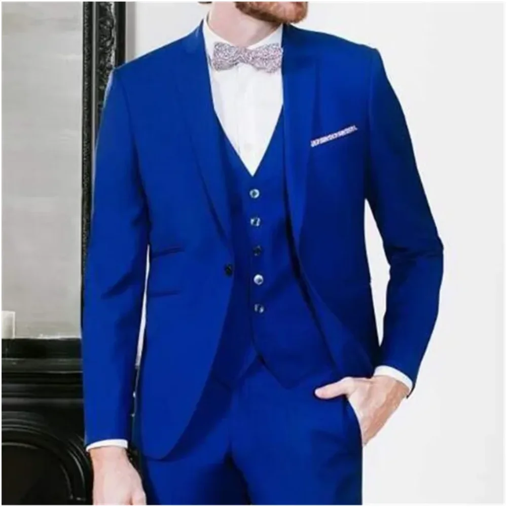 

Latest Design Royal Blue 3 Pieces Suit For Men Groom Tuxedos Bridegroom Suits Groomsman Peaked Lapel Blazer (Jacket+Pant++Vest)