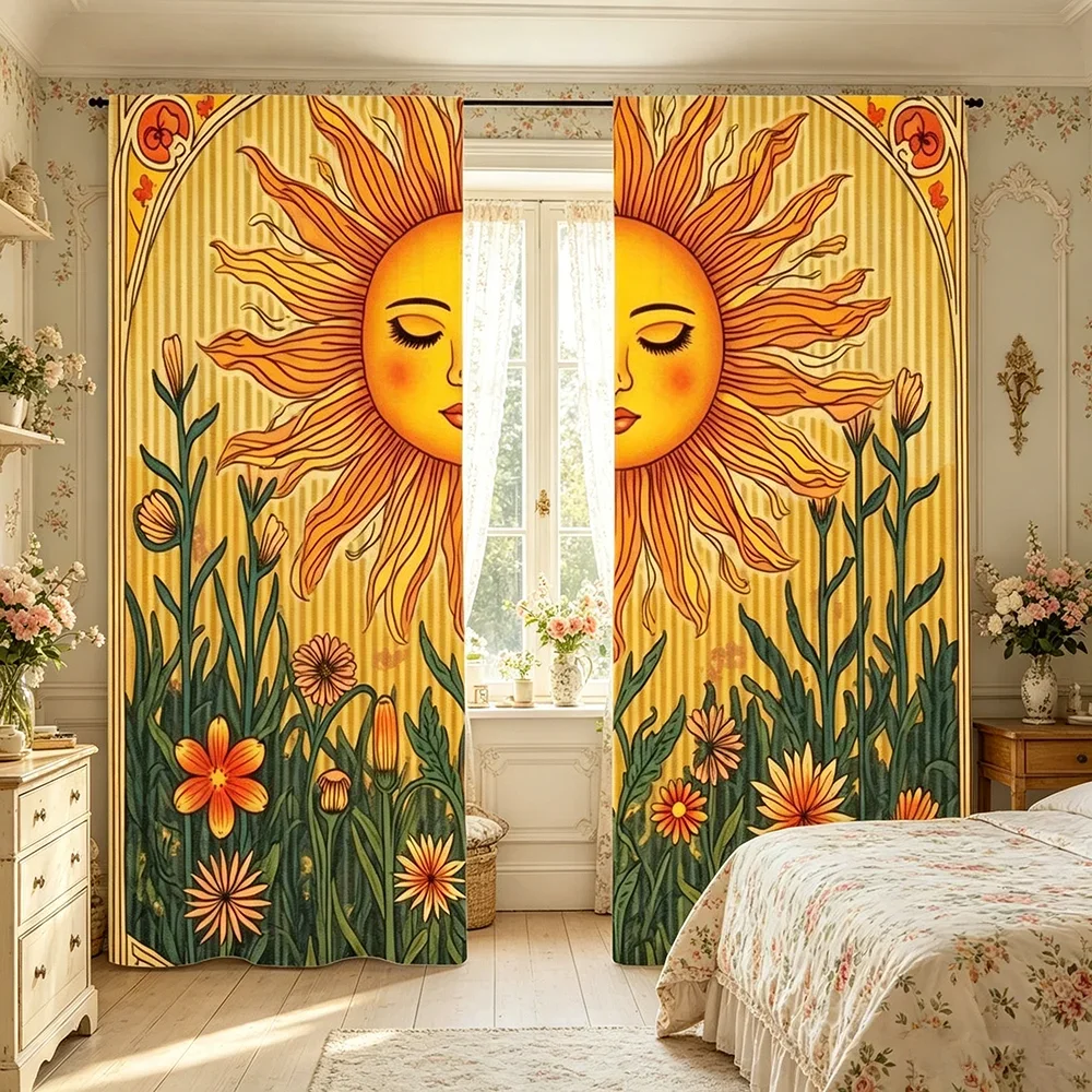 2PCS Digital Printed Curtains, Boho Sun Celestial Bohemian Style, Rod Pocket Window Drapes for Living Room Bedroom Decor