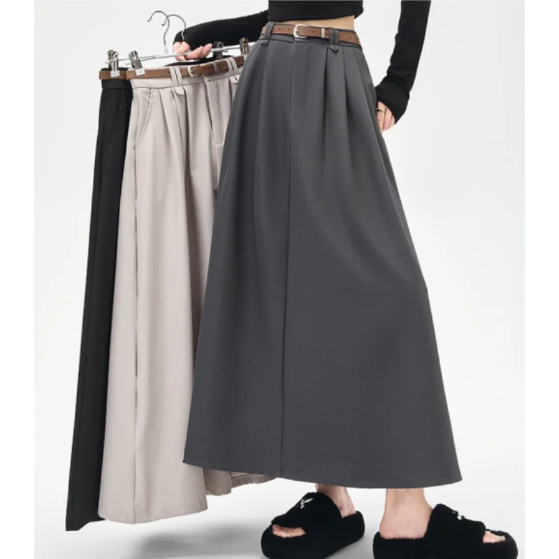 

Autumn High Waist Elegant Solid Women's Umbrella Long A-line Skirt with Belted 2025 New Korean Office Casual Loose Skirts Female