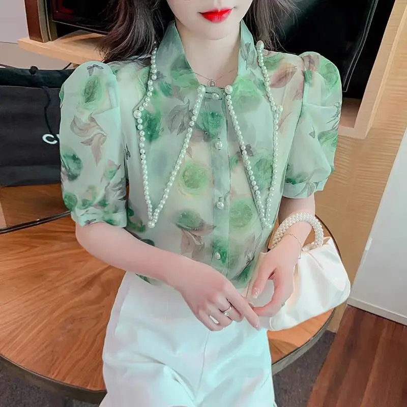 

Design Sensation Printed Large Pointed Collar Women's irt Summer New Sle Heavy Embellied ort Sve Sweet Sle Japan...