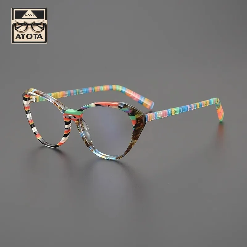 Fashion Color Matching Glasses Frame Personality Cat Eyes Retro Acetate Small Face for Men Women with Myopic Anti-blue Eyewear