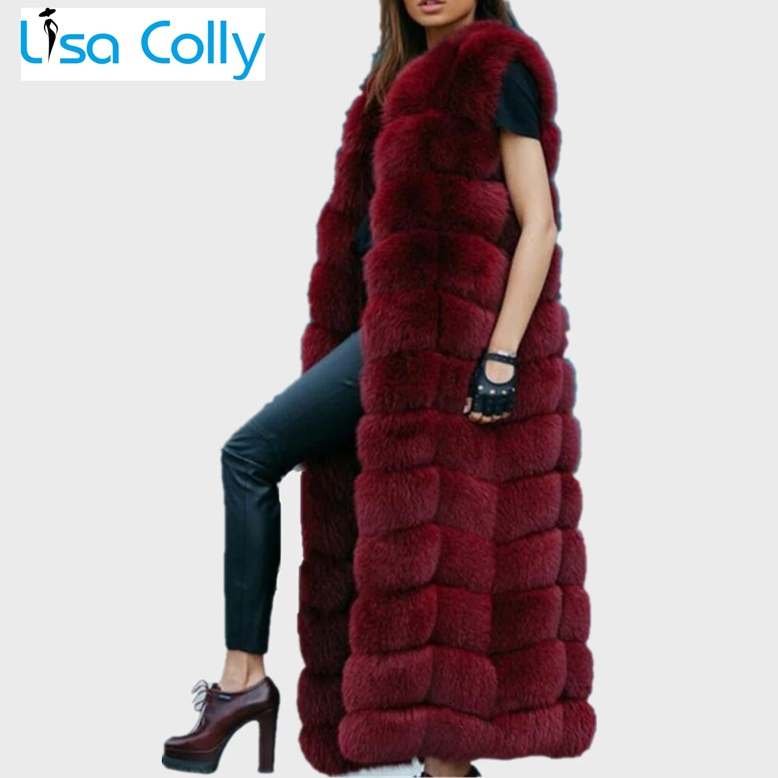 Lisa Colly Winter Super Long Faux Fur Vest for Women Fluffy Fake Fur Coat Jacket Outwear