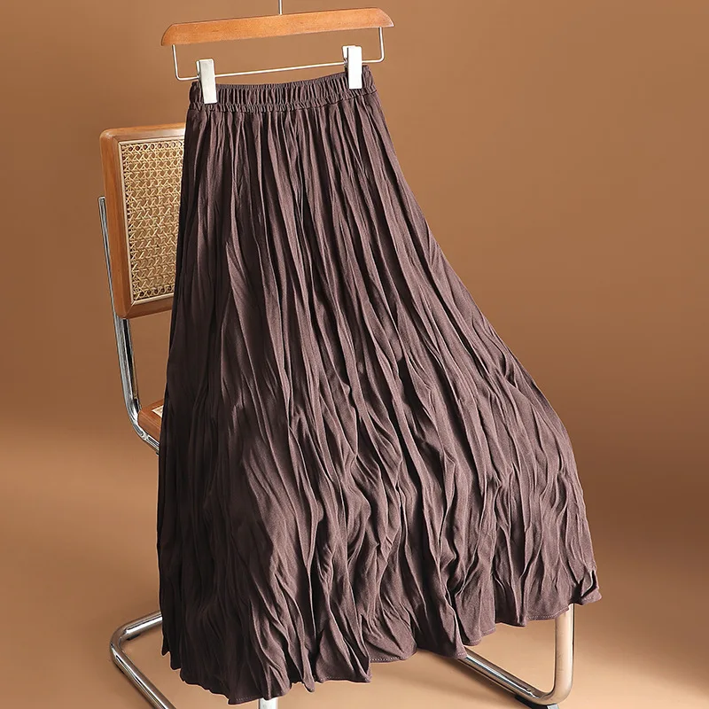 플러스 사이즈 하이웨이스트 플리츠 스커트 루즈 힙 커버링 가운 엘리 A라인 실루엣 롱 폴리에스터 섬유 젊은 여성용