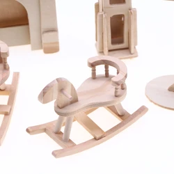 1Pcs Dollhouse Miniature Unfinished Wooden Rocking Trojan Horse Chair Model Can Shake Kid Room Simulation Figurine Decor Access