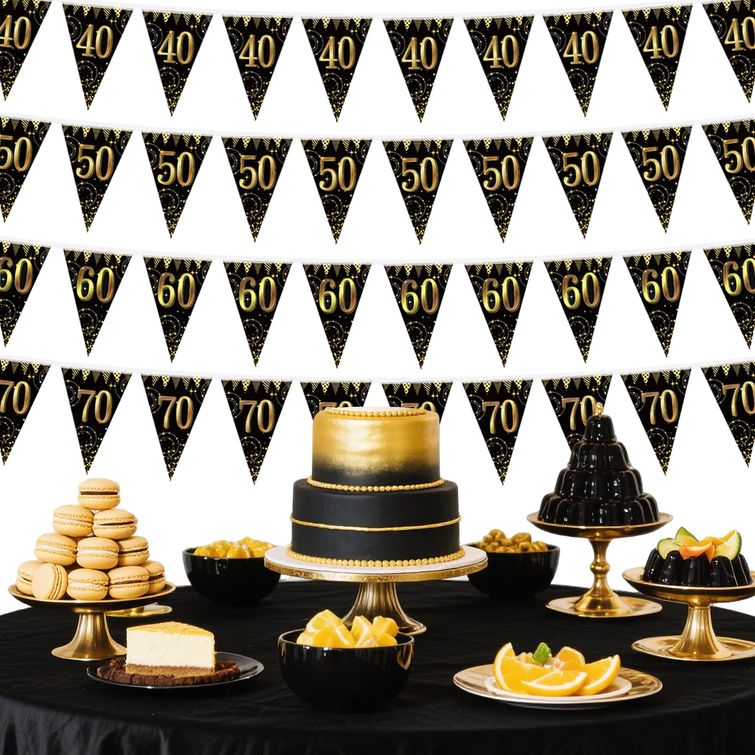 3Pcs Paper Banner Number Birthday Hanging Banner Flags Black Gold 40 50 60 70 Year Happy Birthday for Birthday Decoration