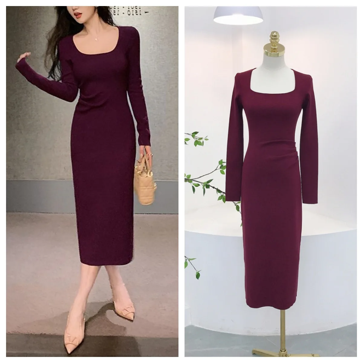 7818 Autumn Winter 14 Needle High Twist Cotton Not Easy To Deform~Square Collar Waist Pleated Split Hip Wrap Long Dress
