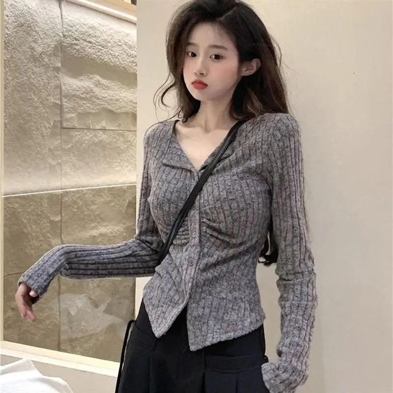 American Sle Knitted Sweater Women's Long Sleeve Turn-down Collar Slimming Design Autumn Fashion Top Age-reducing Trend