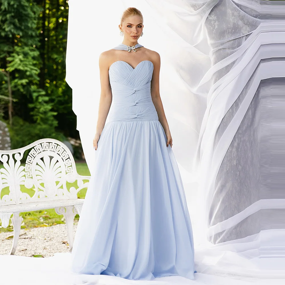 Customized Sky Blue Chiffon Prom Dresses with Scarf A-Line Evening Gowns Pleated Ruched Formal Party Dress vestido de festa