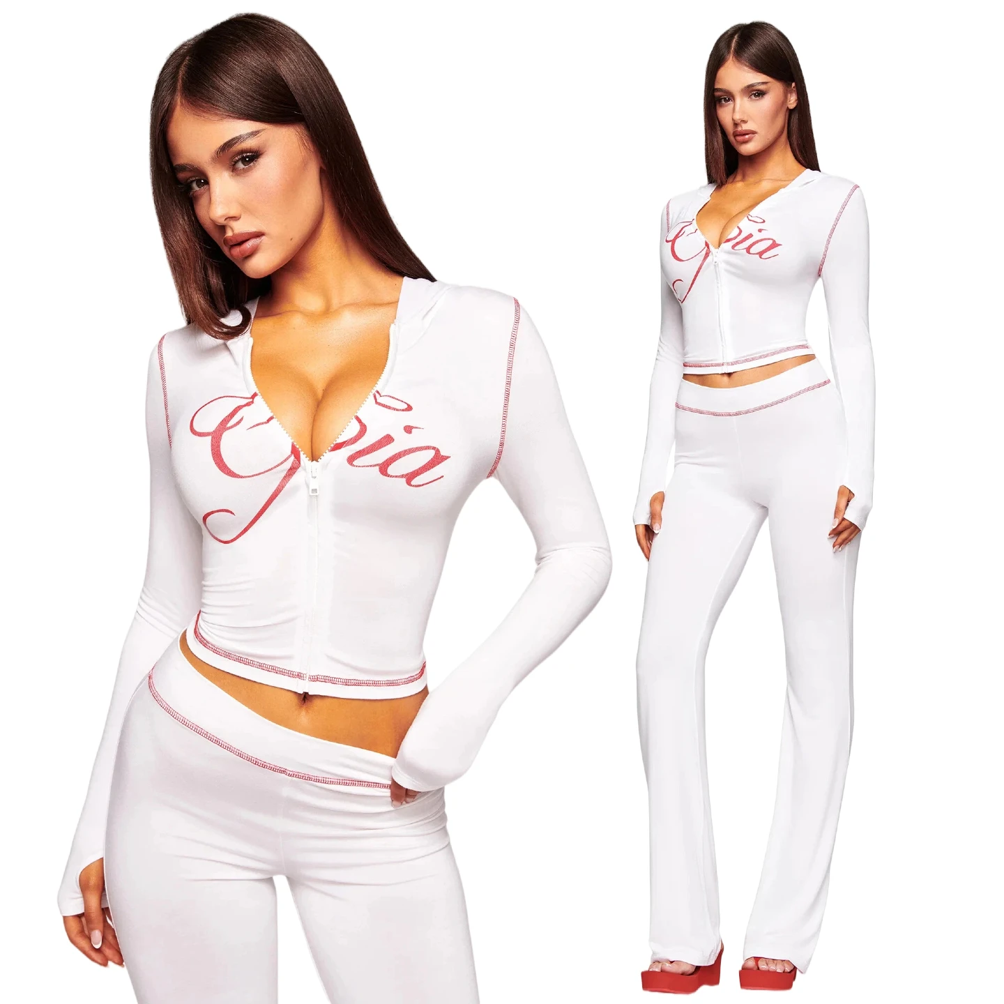 Gia white regular shoulder slim-fit letter print topstitching design slim-fit hooded zip-up short jacket and pants set