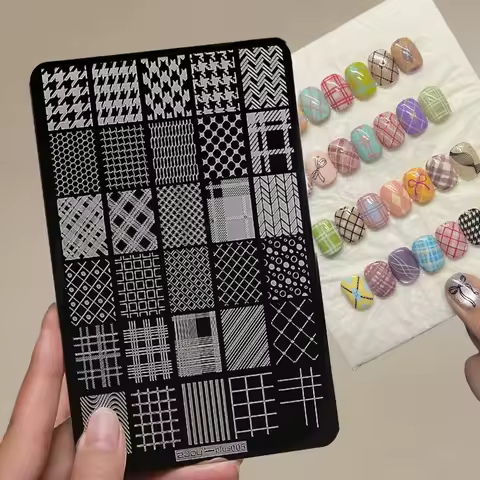 14.5*9.5CM French Line Grid Nail Art Stamping Plate Lace Geometry Wave Line Drawing Stripe Nail Art Template DIY Printing Tools
