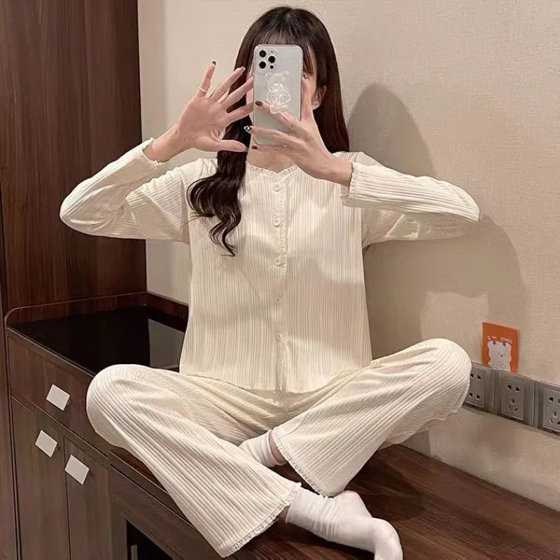 Floral Pajama Sets Women Sweet Teenagers Cozy Breathable Long Sleeve Tops Ankle Length Pants Lovely Sleepwear Loose Lounge Chic