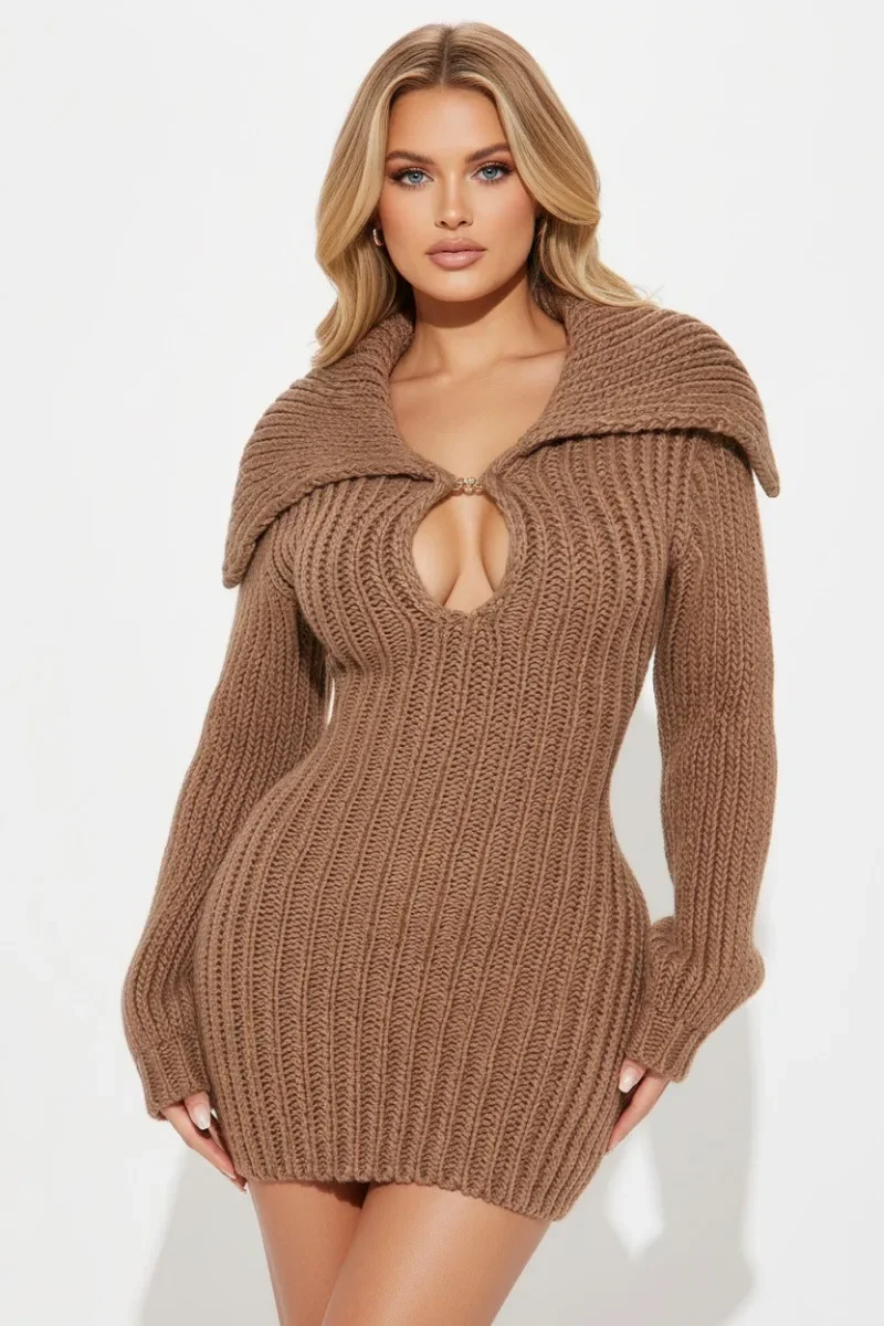 

GUWU элегантное зимнее облегающее эластичное платье-свитер с большим воротником и длинными рукавами, уличное теплое облегающее шерстяное женское платье