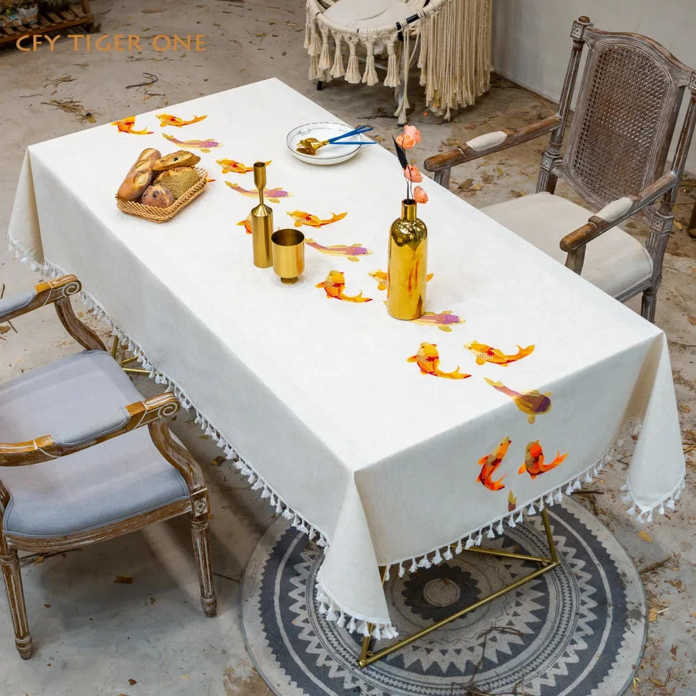 Modern Koi Tablecloth Three-dimensional Embroidery Tablecloth Antifouling Rectangular Tablecloth Coffee Table Mat Table Cover