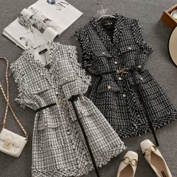 Women Luxurious Vintage Elegant Tweed Jacket Vest Waistcoat Knitted Vest With Belt Sleeveless Oversized Jacket Veste New