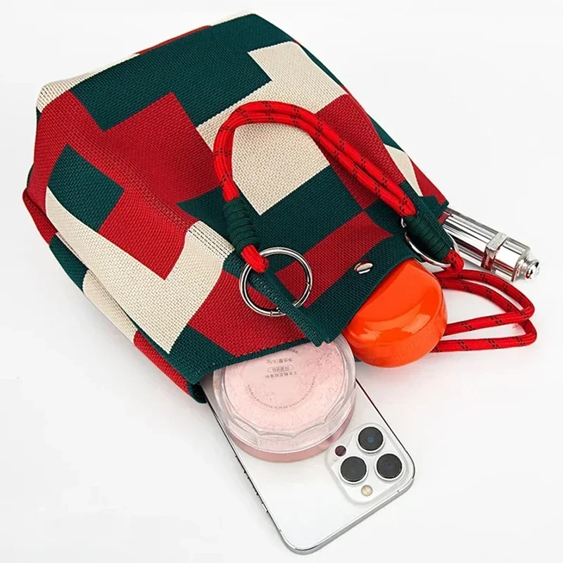 Color Block Strip Knit Tote Bag Bucket Bag For Women Storage Bag With Adjustable Strap Metal Ring Snap Closure For Casual Travel