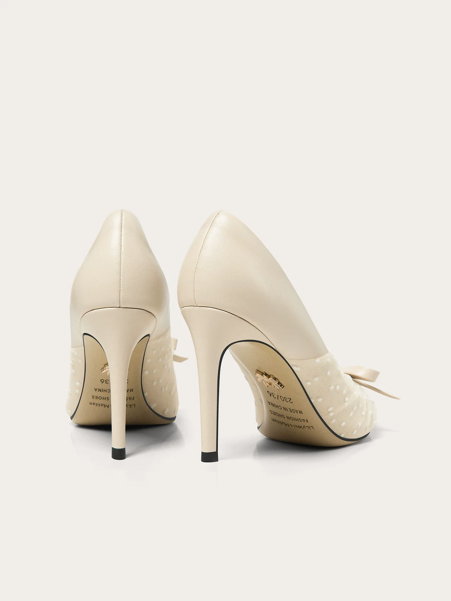 Spring new pointed shallow mouth leather lace mesh bow single shoes banquet large size small size widened high heels women shoes