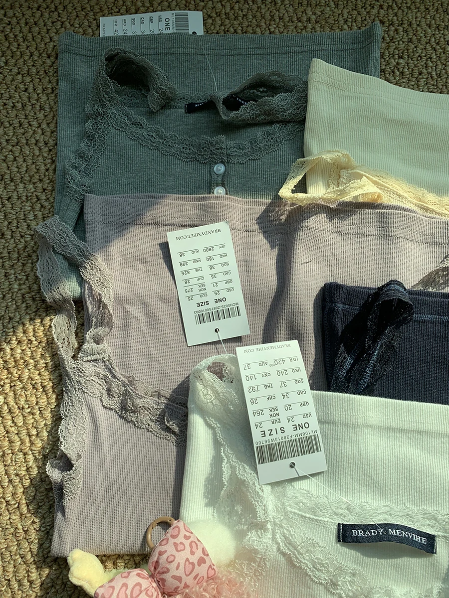 Spitze Trim Lila Schlank Tank Tops Frauen Sommer Vier Tasten Baumwolle Leibchen Weibliche Casual Süße Alle-spiel Grundlegende gerippte Camis Neue – Detail 4