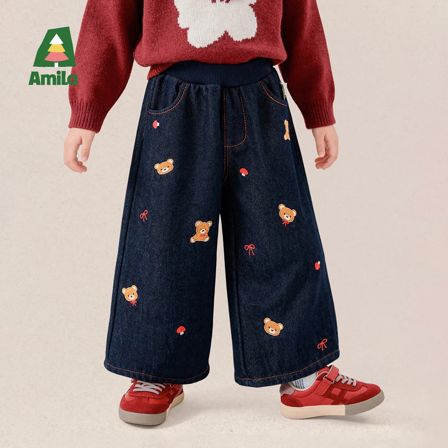Amila 2026 Winter New Kids Jeans Fleece Lined Wide Leg Fun Embroidery Playful Cute Warm Extra Soft Daily Versatile Long Pants