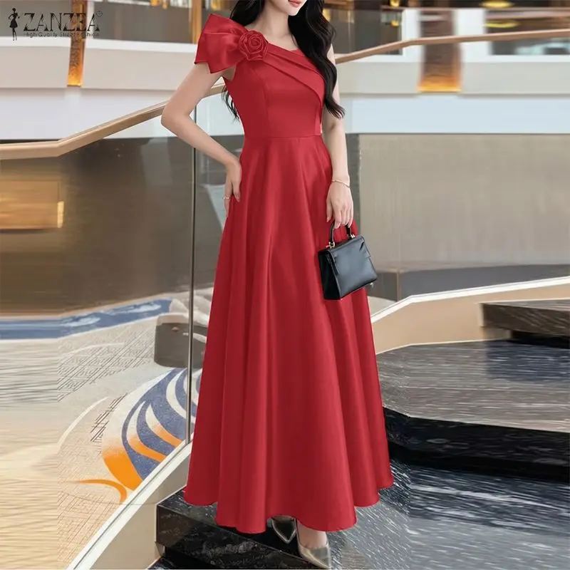 ZANZEA Elegantes Partykleid, luxuriöses Abendkleid, schräge Schulter, ärmellos, Satin-Sommerkleid für Damen, stilvolle 3D-Blumen, A-Linien-Robe