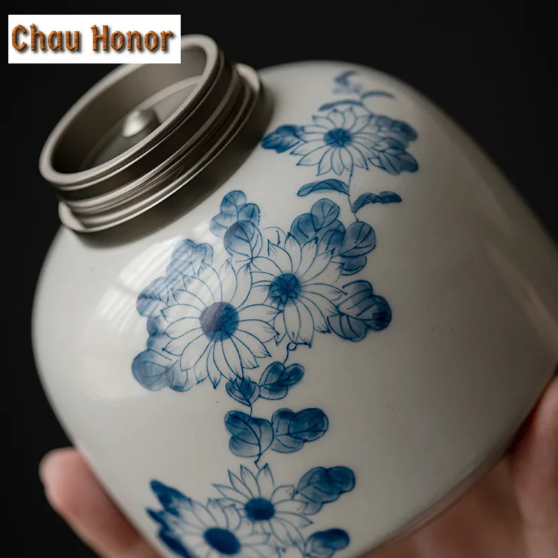 Hand Painted Chrysanthemum Art Tea Pot Pu'er Tea Double-layer Sealed Pot Ceramic Tea Pot Household Tea Warehouse Moisture-proof