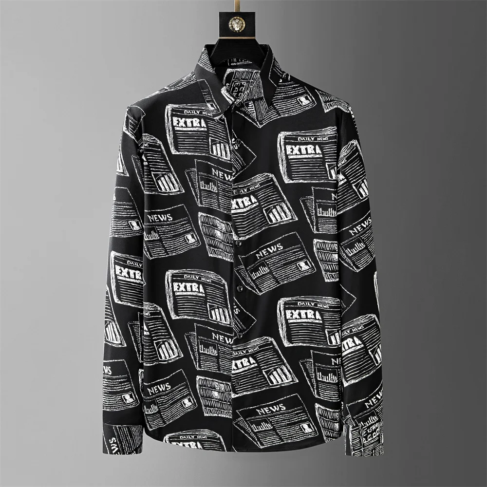 

Letter Printed Black Shirts for Men 2024 Spring Long Sleeve Loose Casual Social Shirts Nightclub Party Streetwear Men Clothing