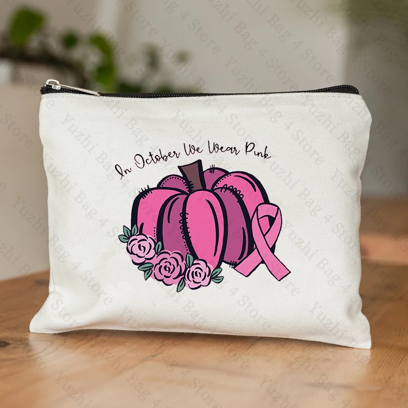 Hope Pink Ribbon Pink Love Pattern Makeup Bag Breast Cancer Awareness Gifts for Women Friendship Cosmetic Gift for Sister Friend