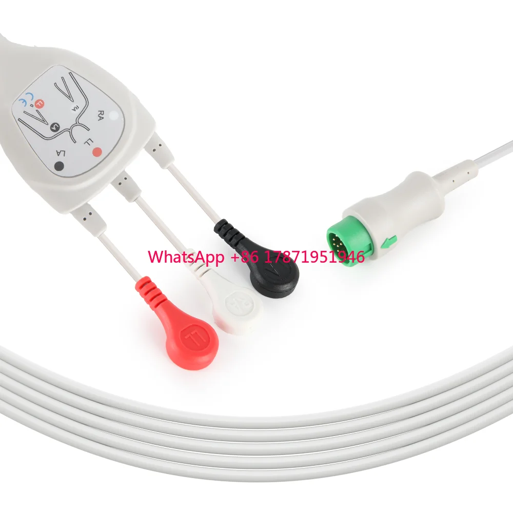 Mindray Advanced 3-Lead ECG Cable AHA Compliant Universal Medical Consumable with One-Piece Snap