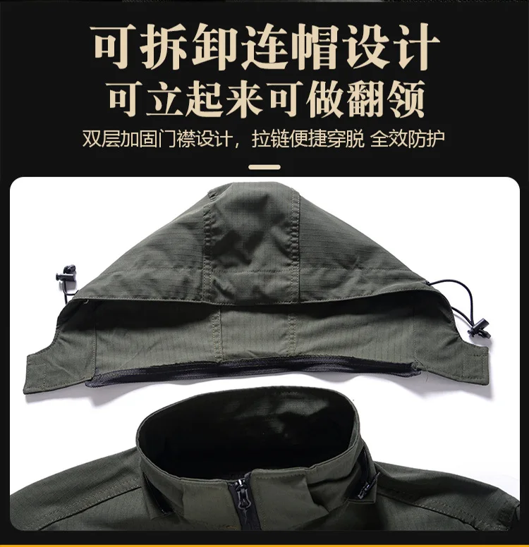 Frühling Herbst Herren Softshell Taktisches Zweiteiler-Set Wasserdicht Winddicht Multi-Taschen Abnehmbare Kapuze Jacke Gerade Cargohose – Detail 8