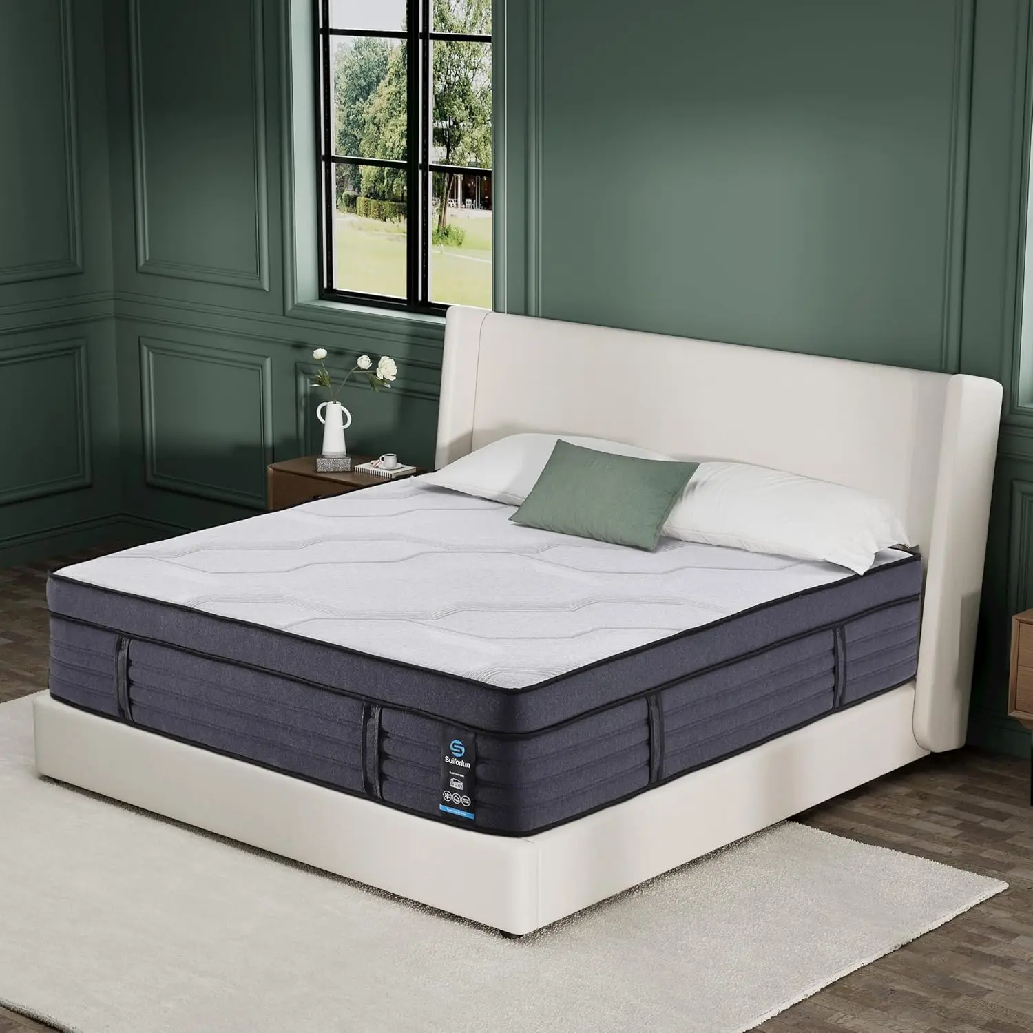 

Queen Mattress, 15 H Hybrid Charcoal Gel Memory Foam Mattress With Edge Support Poet Coils, Cooler Sleep, Ba Pain Relief,