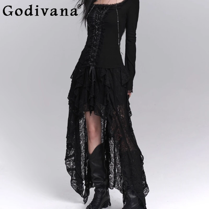 

Spring Autumn New Fashion Versatile Age Reduction Black Irregular Lace Skirt Personality Girls High Waist Sexy Halloween Skirts